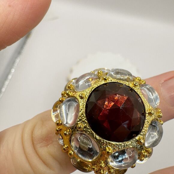 Huge Domed Cocktail Ring Faux Garnet With Clear Cabochons HSN QVC Size 6.5 - Picture 12 of 13